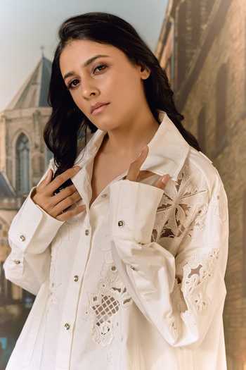 Maison Aguise_White Cotton Collared Neck Beaded Cutwork Embroidered Shirt _Online_at_Aza_Fashions