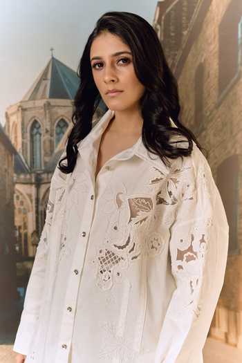 Buy_Maison Aguise_White Cotton Collared Neck Beaded Cutwork Embroidered Shirt _Online_at_Aza_Fashions