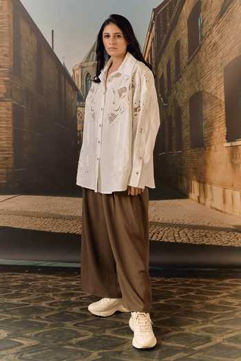 Shop_Maison Aguise_White Cotton Collared Neck Beaded Cutwork Embroidered Shirt _Online_at_Aza_Fashions