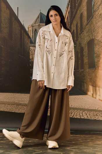 Maison Aguise_White Cotton Collared Neck Beaded Cutwork Embroidered Shirt _at_Aza_Fashions
