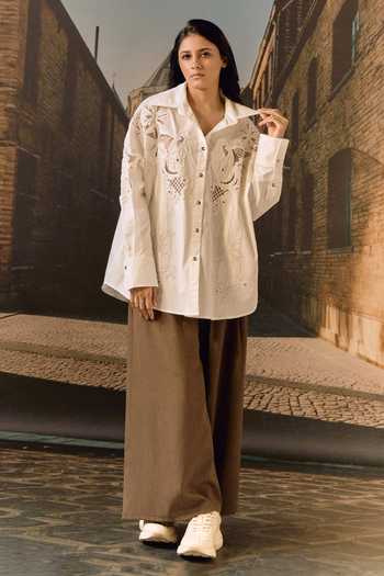 Buy_Maison Aguise_White Cotton Collared Neck Beaded Cutwork Embroidered Shirt 