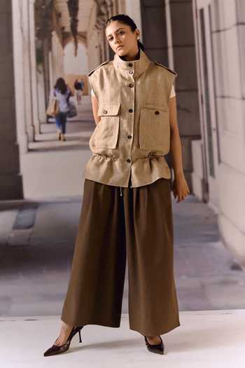 Maison Aguise_Beige Linen, Twill Mandarin Collar Utility Vest _Online_at_Aza_Fashions