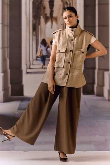 Shop_Maison Aguise_Beige Linen, Twill Mandarin Collar Utility Vest _at_Aza_Fashions
