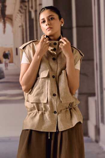 Buy_Maison Aguise_Beige Linen, Twill Mandarin Collar Utility Vest _Online_at_Aza_Fashions