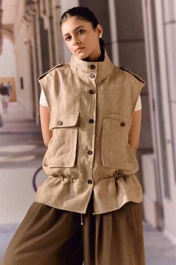 Shop_Maison Aguise_Beige Linen, Twill Mandarin Collar Utility Vest _Online_at_Aza_Fashions