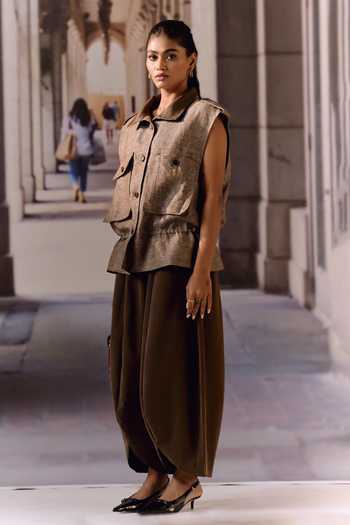 Maison Aguise_Brown Linen, Twill Collared Neck Coffee Utility Vest _Online_at_Aza_Fashions