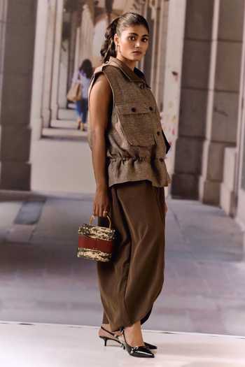 Buy_Maison Aguise_Brown Linen, Twill Collared Neck Coffee Utility Vest _Online_at_Aza_Fashions