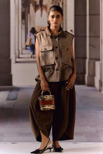 Shop_Maison Aguise_Brown Linen, Twill Collared Neck Coffee Utility Vest _Online_at_Aza_Fashions