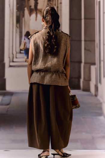 Shop_Maison Aguise_Brown Linen, Twill Collared Neck Coffee Utility Vest _at_Aza_Fashions