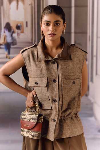 Maison Aguise_Brown Linen, Twill Collared Neck Coffee Utility Vest _at_Aza_Fashions
