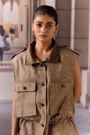 Buy_Maison Aguise_Brown Linen, Twill Collared Neck Coffee Utility Vest 