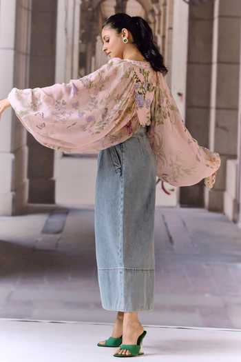 Maison Aguise_Pink Silk, Georgette Split V-neck Floral Print Blouson Top _Online_at_Aza_Fashions