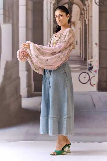Buy_Maison Aguise_Pink Silk, Georgette Split V-neck Floral Print Blouson Top _Online_at_Aza_Fashions