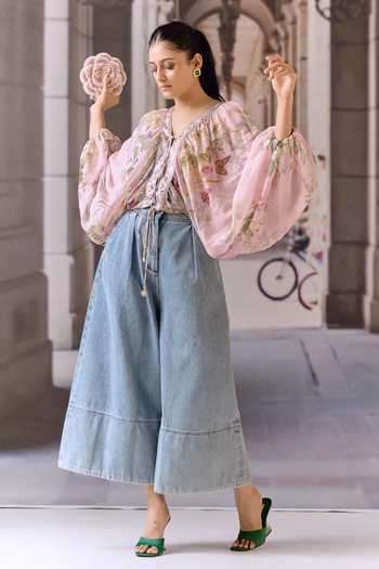 Shop_Maison Aguise_Pink Silk, Georgette Split V-neck Floral Print Blouson Top _Online_at_Aza_Fashions