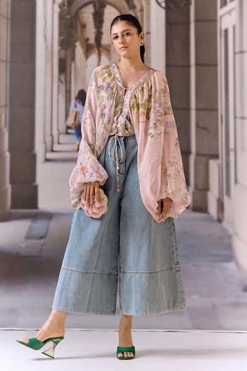 Maison Aguise_Pink Silk, Georgette Split V-neck Floral Print Blouson Top _at_Aza_Fashions