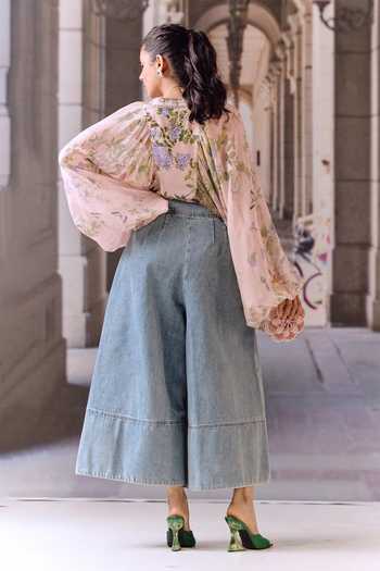 Shop_Maison Aguise_Pink Silk, Georgette Split V-neck Floral Print Blouson Top _at_Aza_Fashions