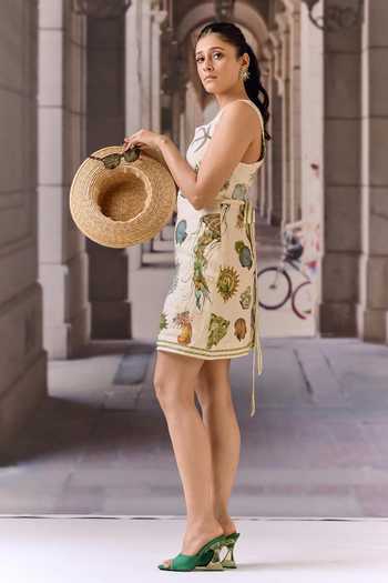 Maison Aguise_Beige Linen Square Neck Ecru Sea Shell Print Sundress _at_Aza_Fashions