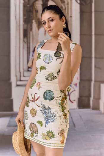 Buy_Maison Aguise_Beige Linen Square Neck Ecru Sea Shell Print Sundress 