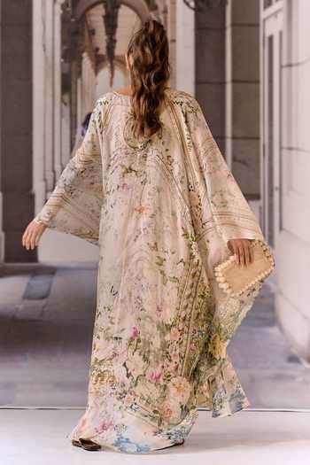Shop_Maison Aguise_Pink Silk, Georgette V-neck Crystal Embellished Overlay Kaftan _at_Aza_Fashions