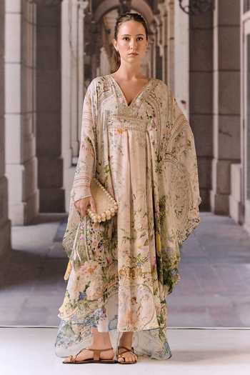 Maison Aguise_Pink Silk, Georgette V-neck Crystal Embellished Overlay Kaftan _Online_at_Aza_Fashions