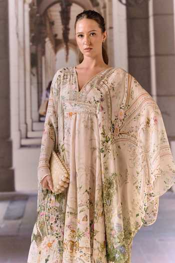 Buy_Maison Aguise_Pink Silk, Georgette V-neck Crystal Embellished Overlay Kaftan _Online_at_Aza_Fashions