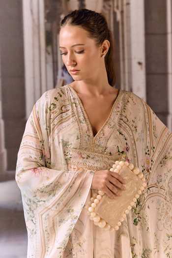 Shop_Maison Aguise_Pink Silk, Georgette V-neck Crystal Embellished Overlay Kaftan _Online_at_Aza_Fashions