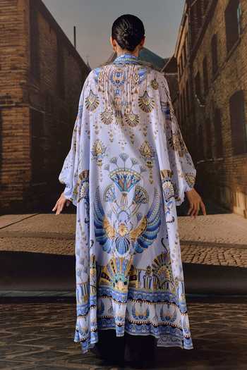 Shop_Maison Aguise_Sky Blue Silk Plunge Neck Printed Overlay Kaftan With Belt _at_Aza_Fashions