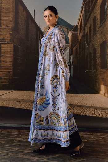 Maison Aguise_Sky Blue Silk Plunge Neck Printed Overlay Kaftan With Belt _Online_at_Aza_Fashions