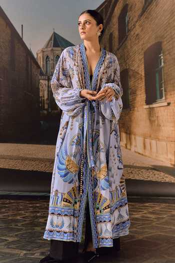 Buy_Maison Aguise_Sky Blue Silk Plunge Neck Printed Overlay Kaftan With Belt _at_Aza_Fashions