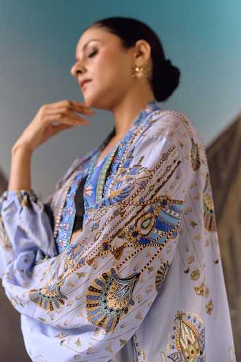 Buy_Maison Aguise_Sky Blue Silk Plunge Neck Printed Overlay Kaftan With Belt _Online_at_Aza_Fashions