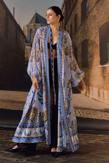 Maison Aguise_Sky Blue Silk Plunge Neck Printed Overlay Kaftan With Belt _at_Aza_Fashions