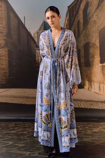 Buy_Maison Aguise_Sky Blue Silk Plunge Neck Printed Overlay Kaftan With Belt 