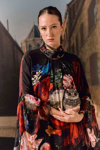 Maison Aguise_Black Silk, Chiffon High Neck Ruffle Floral Print Kaftan Dress _Online_at_Aza_Fashions