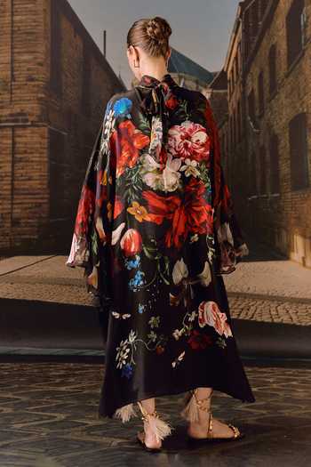 Shop_Maison Aguise_Black Silk, Chiffon High Neck Ruffle Floral Print Kaftan Dress _at_Aza_Fashions