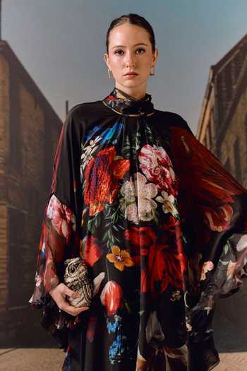 Buy_Maison Aguise_Black Silk, Chiffon High Neck Ruffle Floral Print Kaftan Dress _Online_at_Aza_Fashions