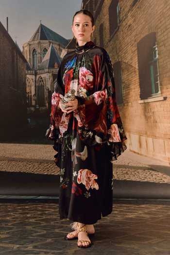 Shop_Maison Aguise_Black Silk, Chiffon High Neck Ruffle Floral Print Kaftan Dress _Online_at_Aza_Fashions