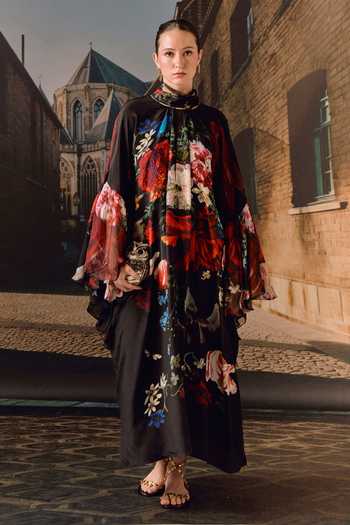 Maison Aguise_Black Silk, Chiffon High Neck Ruffle Floral Print Kaftan Dress _at_Aza_Fashions