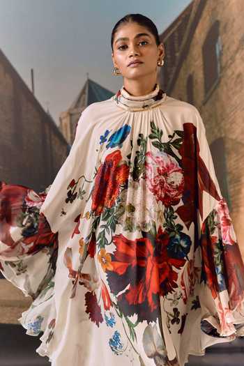 Maison Aguise_Off White Silk, Chiffon High Neck Floral Print Kaftan Dress _Online_at_Aza_Fashions