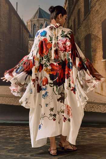Shop_Maison Aguise_Off White Silk, Chiffon High Neck Floral Print Kaftan Dress _at_Aza_Fashions