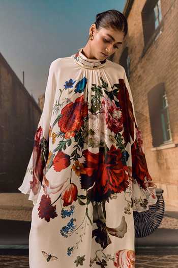 Buy_Maison Aguise_Off White Silk, Chiffon High Neck Floral Print Kaftan Dress _Online_at_Aza_Fashions