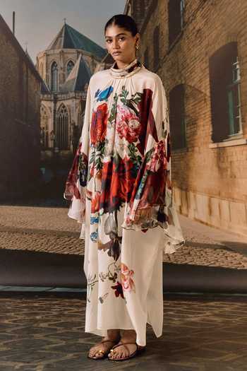 Shop_Maison Aguise_Off White Silk, Chiffon High Neck Floral Print Kaftan Dress _Online_at_Aza_Fashions