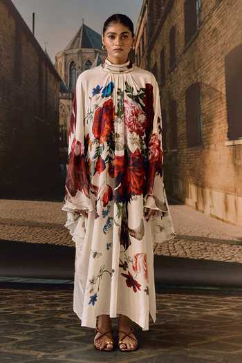 Maison Aguise_Off White Silk, Chiffon High Neck Floral Print Kaftan Dress _at_Aza_Fashions