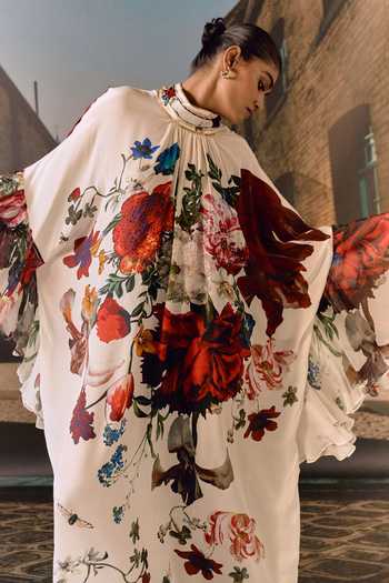 Buy_Maison Aguise_Off White Silk, Chiffon High Neck Floral Print Kaftan Dress 