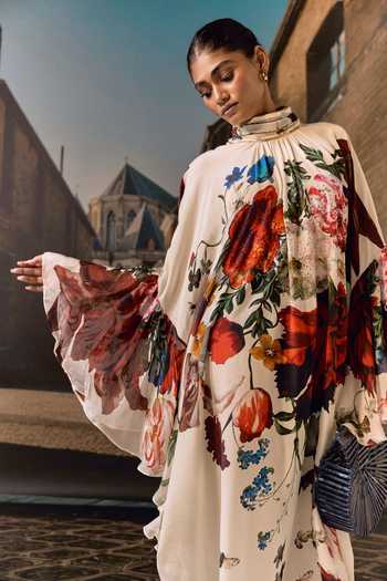 Shop_Maison Aguise_Off White Silk, Chiffon High Neck Floral Print Kaftan Dress 
