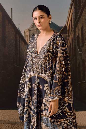Shop_Maison Aguise_Blue Silk Plunge Neck Jewel Print Swarovski Embellished Kaftan Dress _at_Aza_Fashions