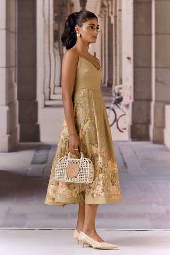 Maison Aguise_Olive Green Linen Sweetheart Neck Forest Print Midi Dress _Online_at_Aza_Fashions