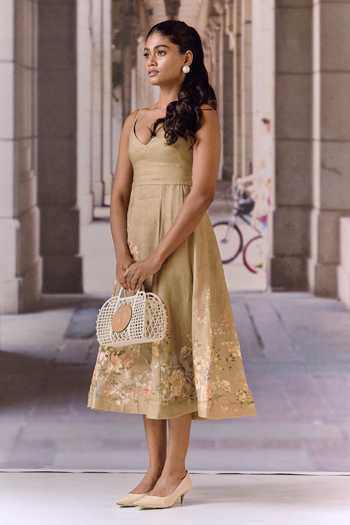 Buy_Maison Aguise_Olive Green Linen Sweetheart Neck Forest Print Midi Dress _Online_at_Aza_Fashions