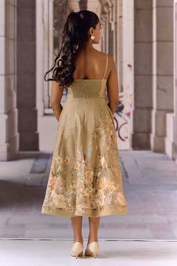 Shop_Maison Aguise_Olive Green Linen Sweetheart Neck Forest Print Midi Dress _at_Aza_Fashions