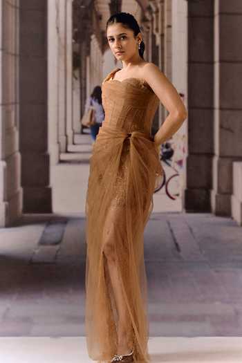 Maison Aguise_Brown Net, Lace One Shoulder Dress _Online_at_Aza_Fashions