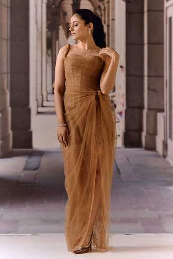 Buy_Maison Aguise_Brown Net, Lace One Shoulder Dress _Online_at_Aza_Fashions